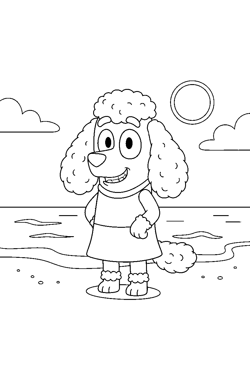 chloe from bluey tv series standing and smiling on a beach with simple waves line art