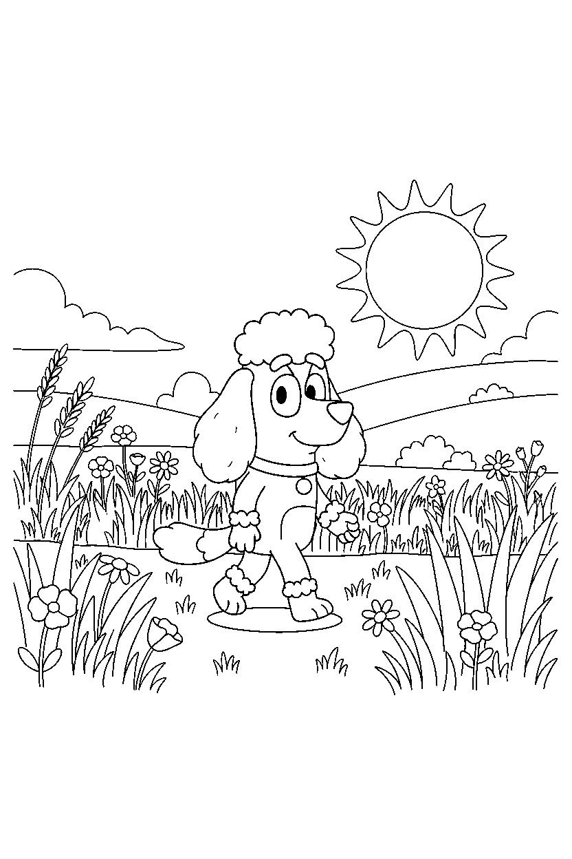 chloe from bluey tv series walking gently in a sunny field line art