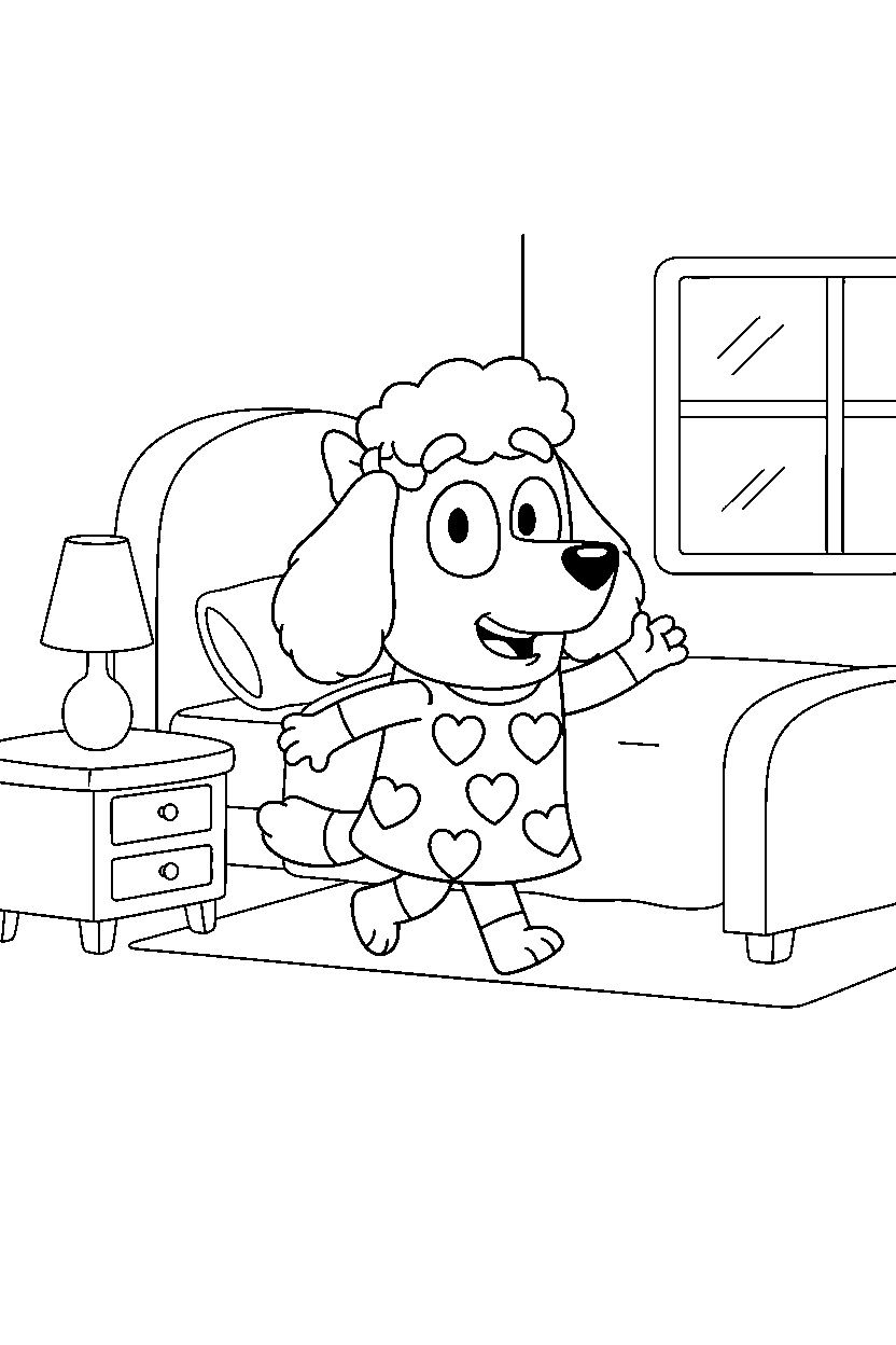 chloe from bluey tv series walking happily in a simple bedroom line art