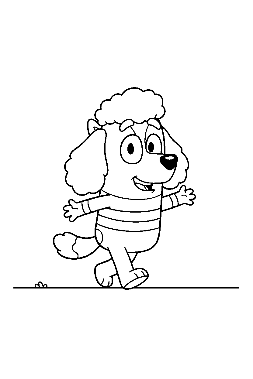 chloe from bluey tv series walking happily on a blank background with a ground line line art