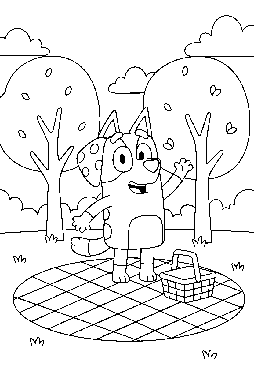 chloe from bluey tv series waving happily at a simple picnic area line art