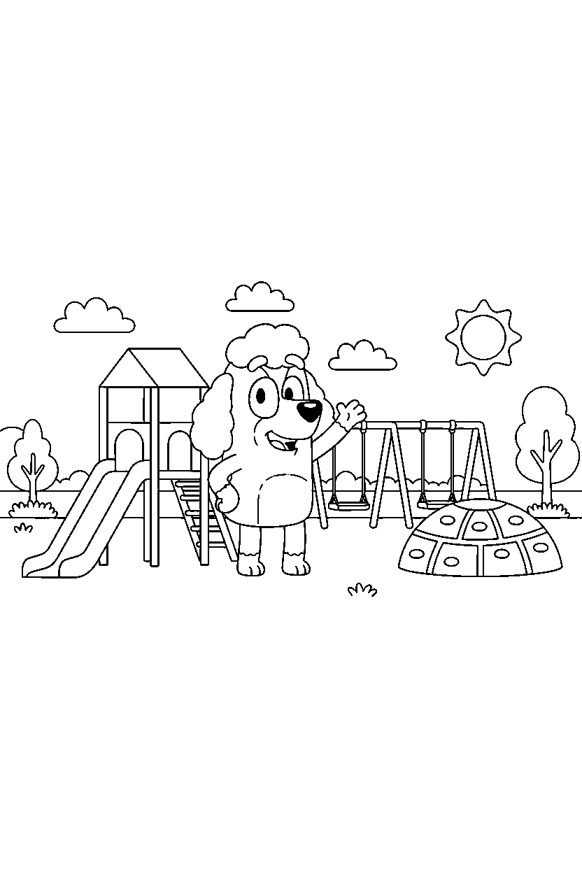 chloe from bluey tv series waving happily at a simple playground line art