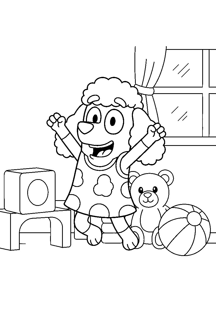 coco from bluey tv series celebrating happily in a toy room line art