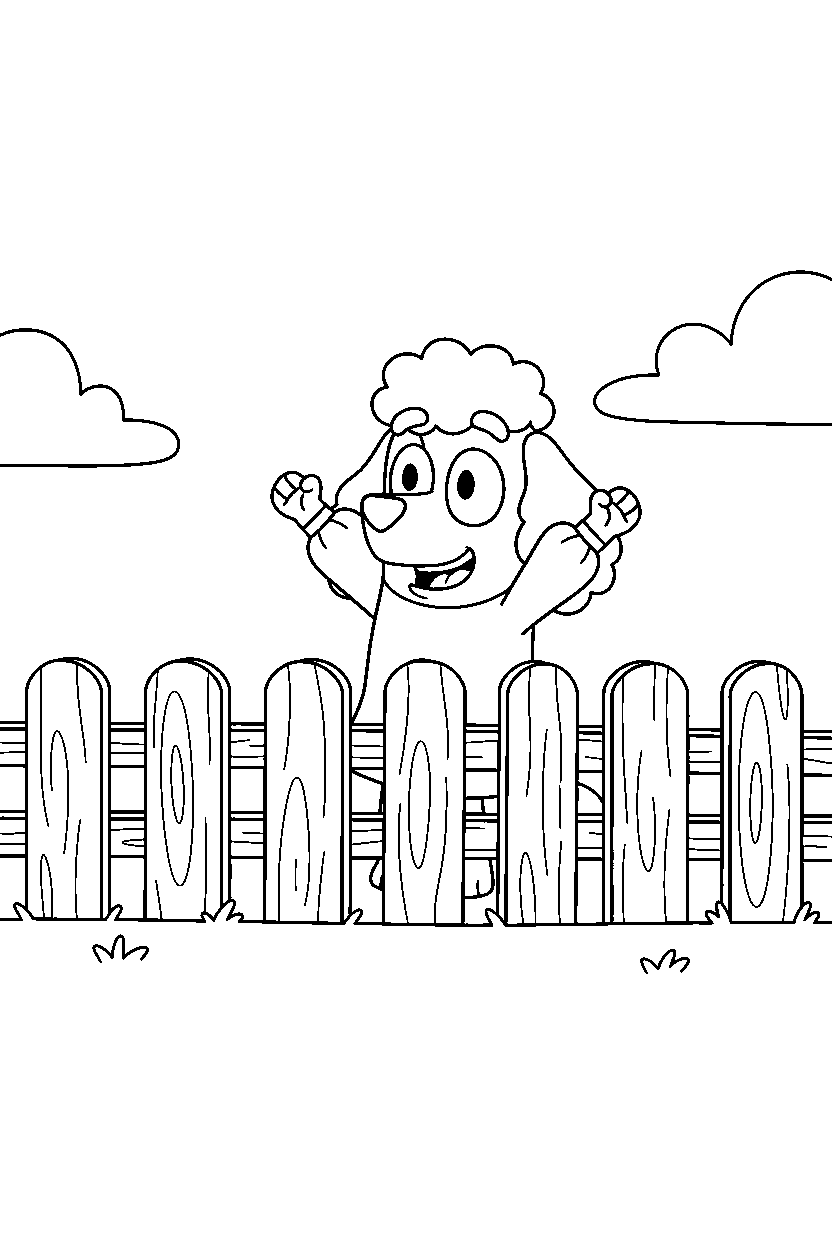 coco from bluey tv series celebrating happily in front of a wooden fence line art