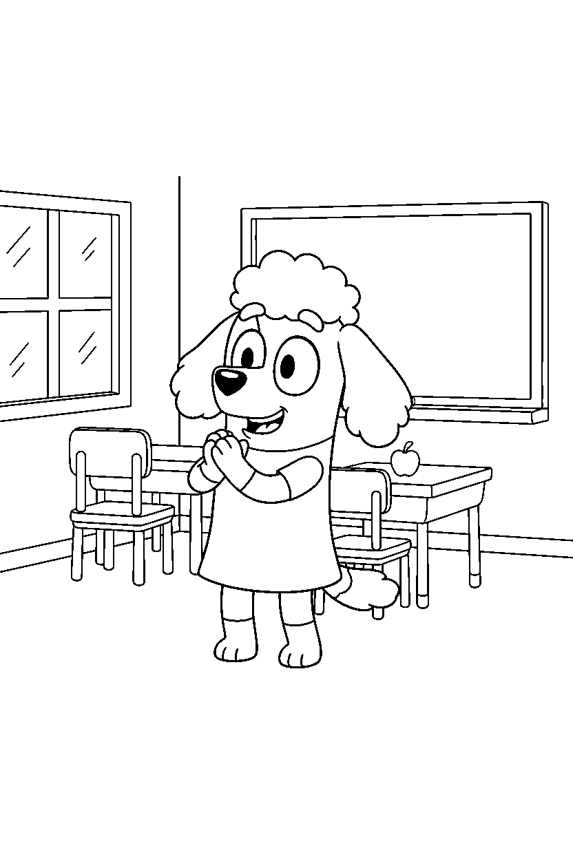 coco from bluey tv series clapping happily in a simple classroom line art