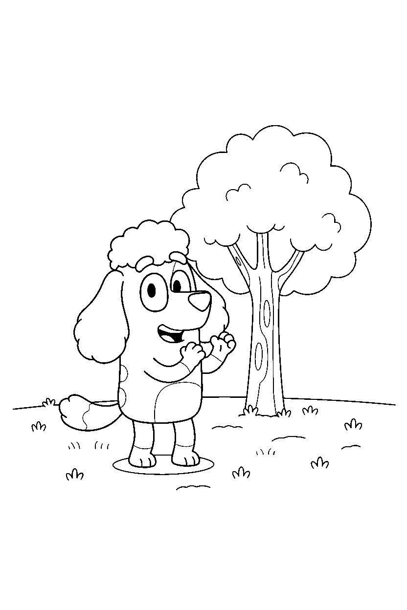 coco from bluey tv series clapping happily near a tree with open grass line art