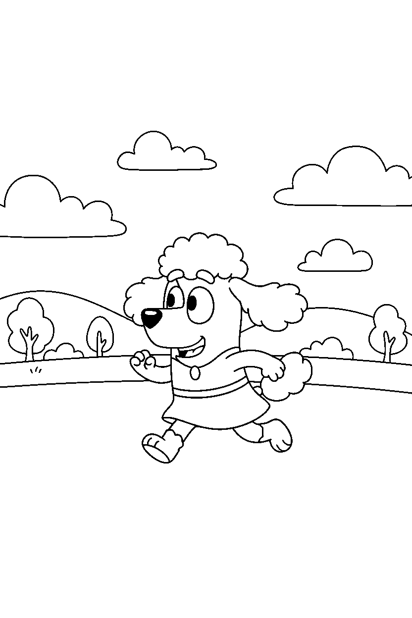 coco from bluey tv series exploring happily under a cloudy sky line art