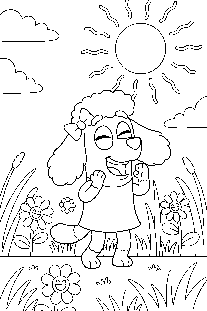 coco from bluey tv series laughing happily in a sunny field line art