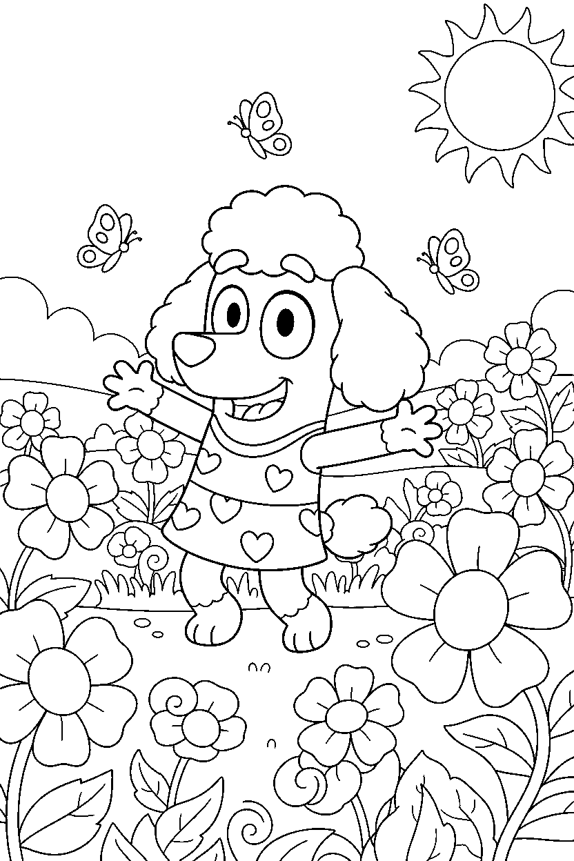 coco from bluey tv series looking happy in a flower garden line art