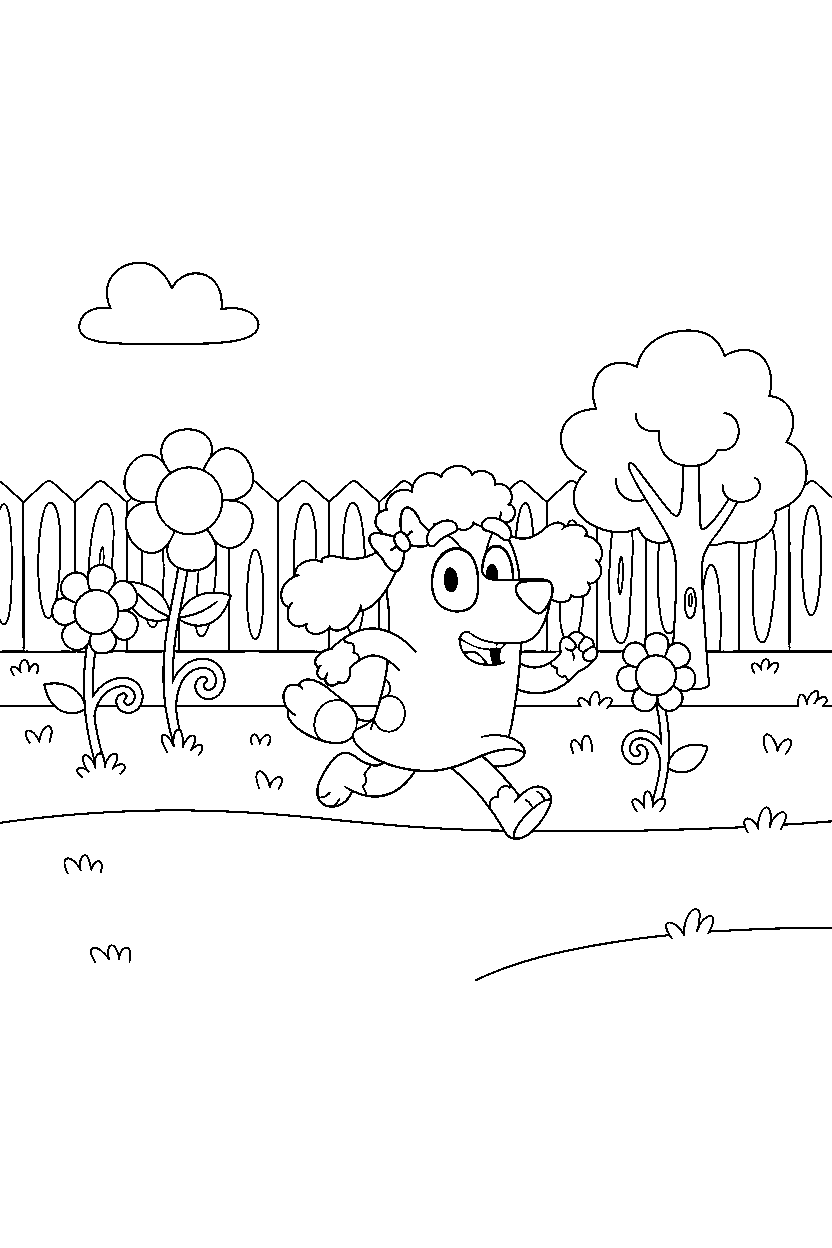 coco from bluey tv series playing happily in a simple backyard line art