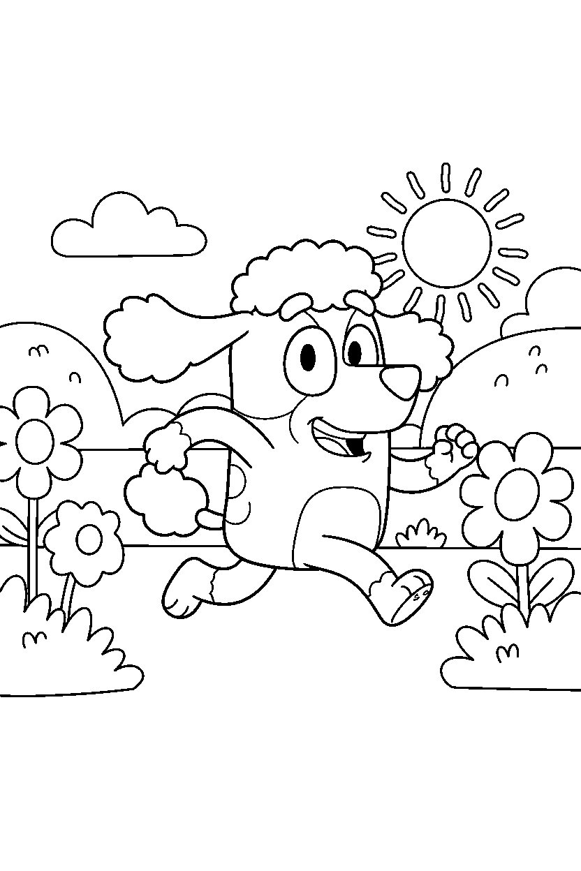 coco from bluey tv series playing happily in a sunny field line art