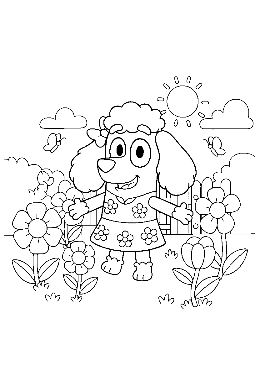 coco from bluey tv series posing happily in a flower garden line art