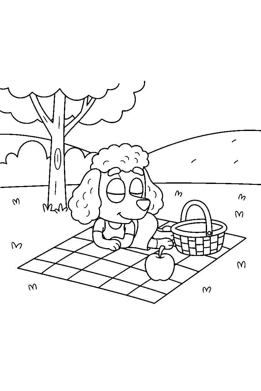 coco from bluey tv series resting peacefully at a simple picnic area line art