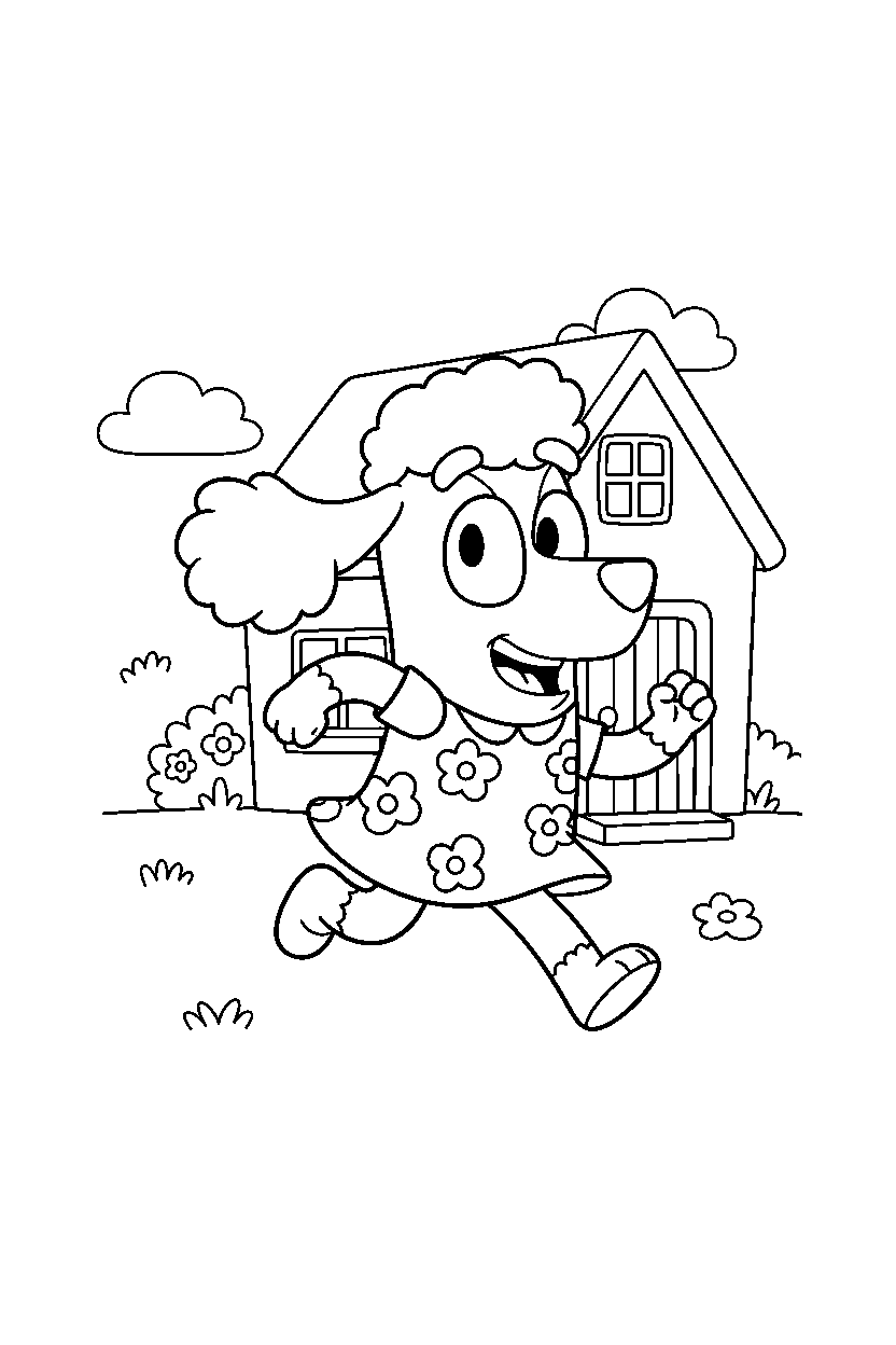 coco from bluey tv series running happily in front of a simple house line art