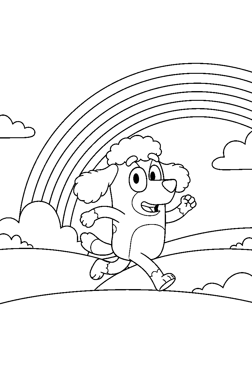 coco from bluey tv series running happily under a rainbow in the sky line art