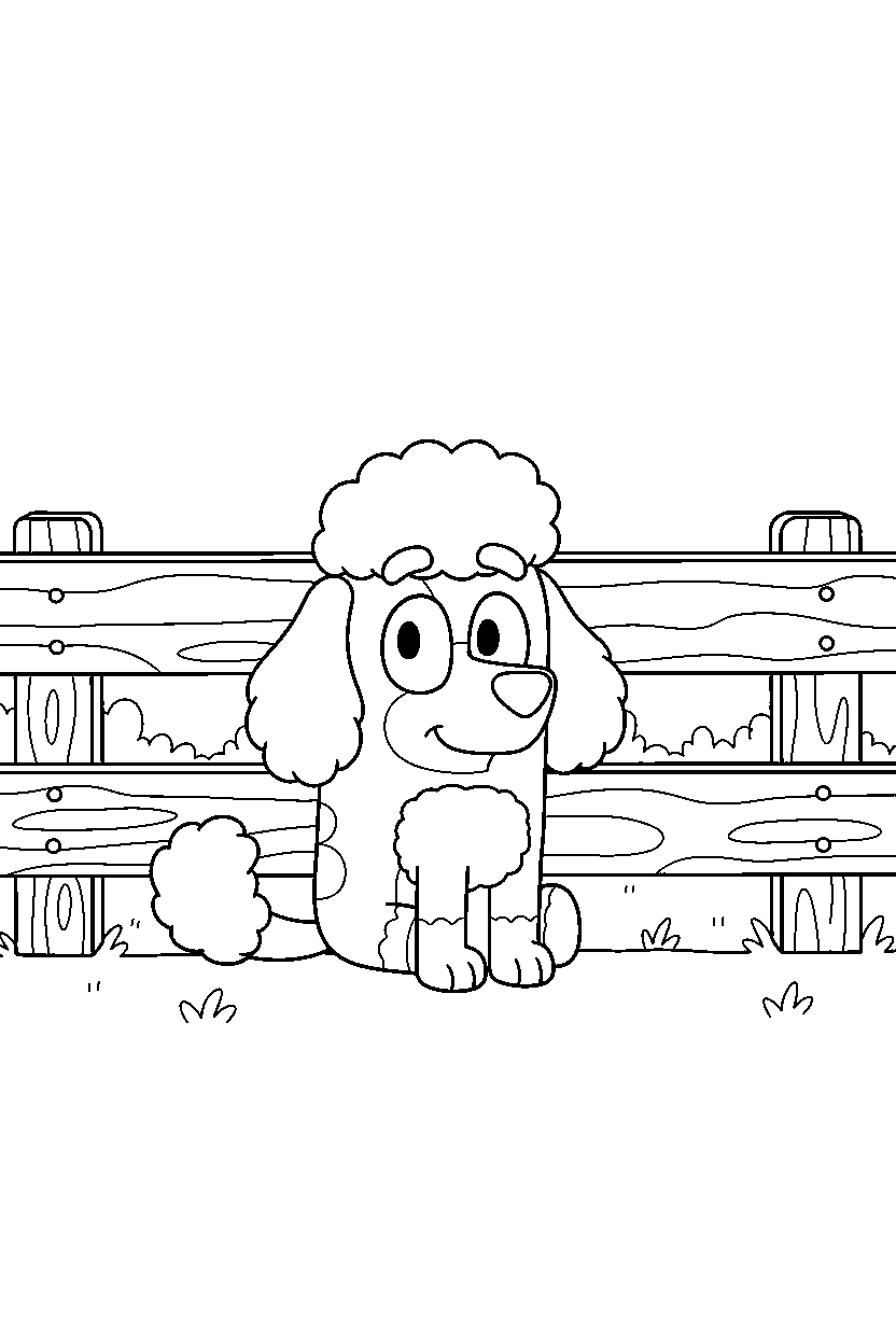 coco from bluey tv series sitting calmly in front of a wooden fence line art