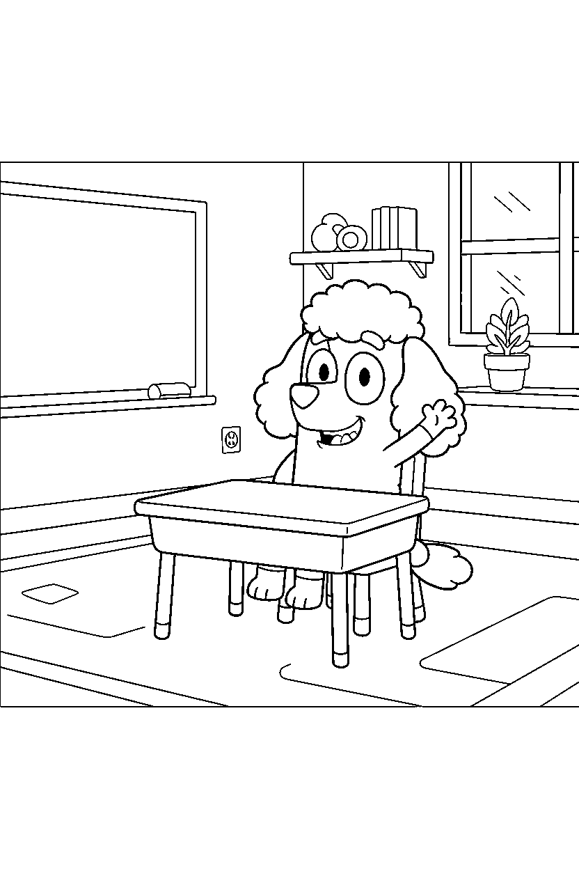 coco from bluey tv series sitting happily in a simple classroom line art