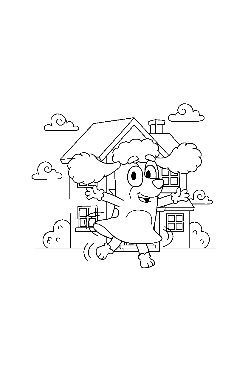 coco from bluey tv series spinning happily in front of a simple house line art