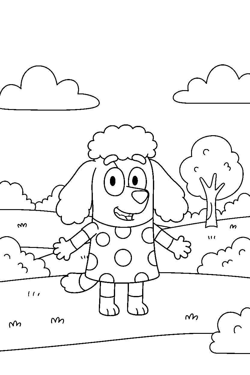 coco from bluey tv series standing and smiling in rolling hills line art
