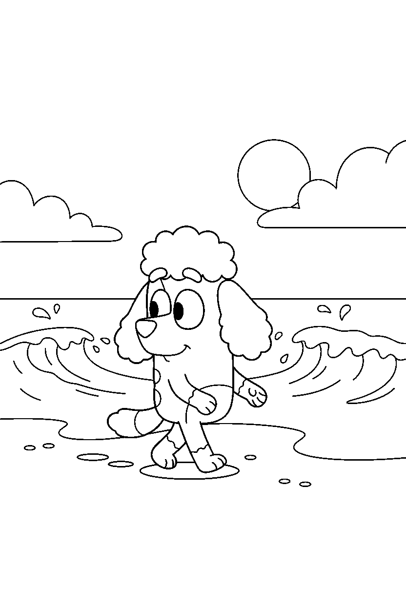 coco from bluey tv series walking gently on a beach with simple waves line art