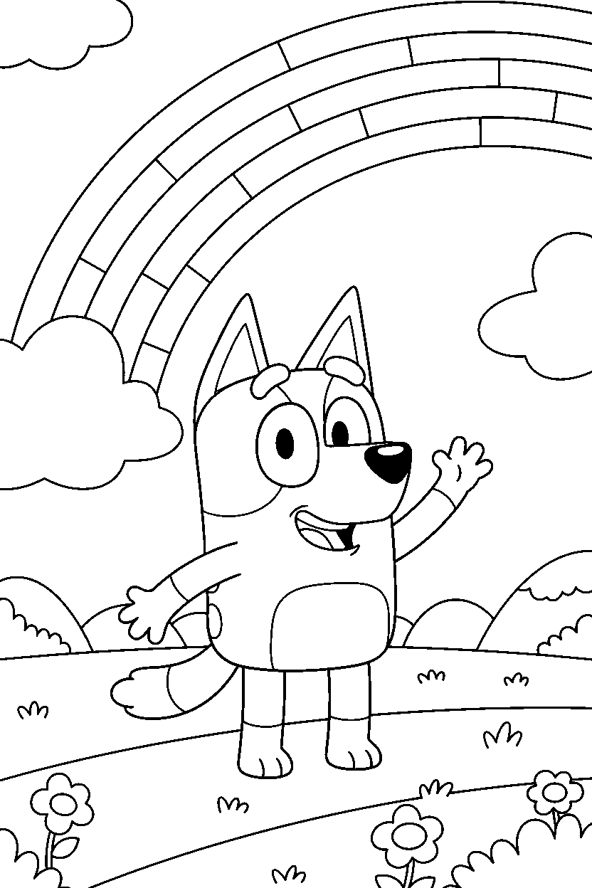 coco from bluey tv series waving happily under a rainbow in the sky line art
