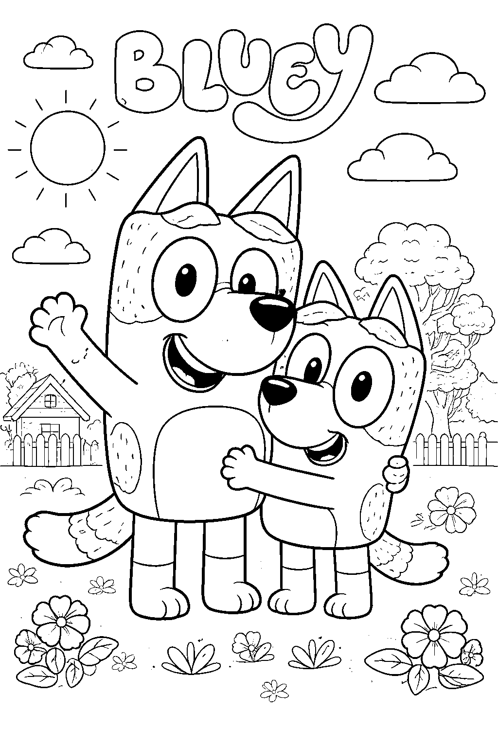 bluey and bingo line art cute cartoon dogs sunny garden
