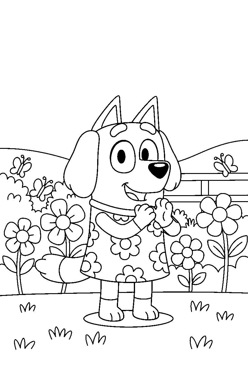 honey from bluey tv series clapping happily in a flower garden line art