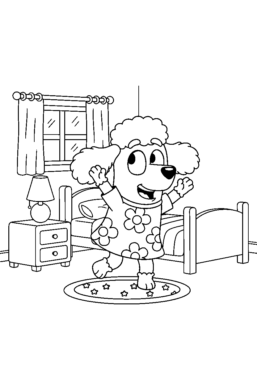 honey from bluey tv series dancing happily in a simple bedroom line art