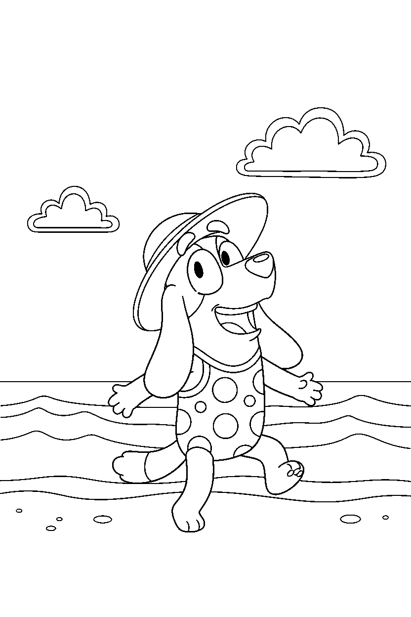 honey from bluey tv series laughing happily on a beach with simple waves line art