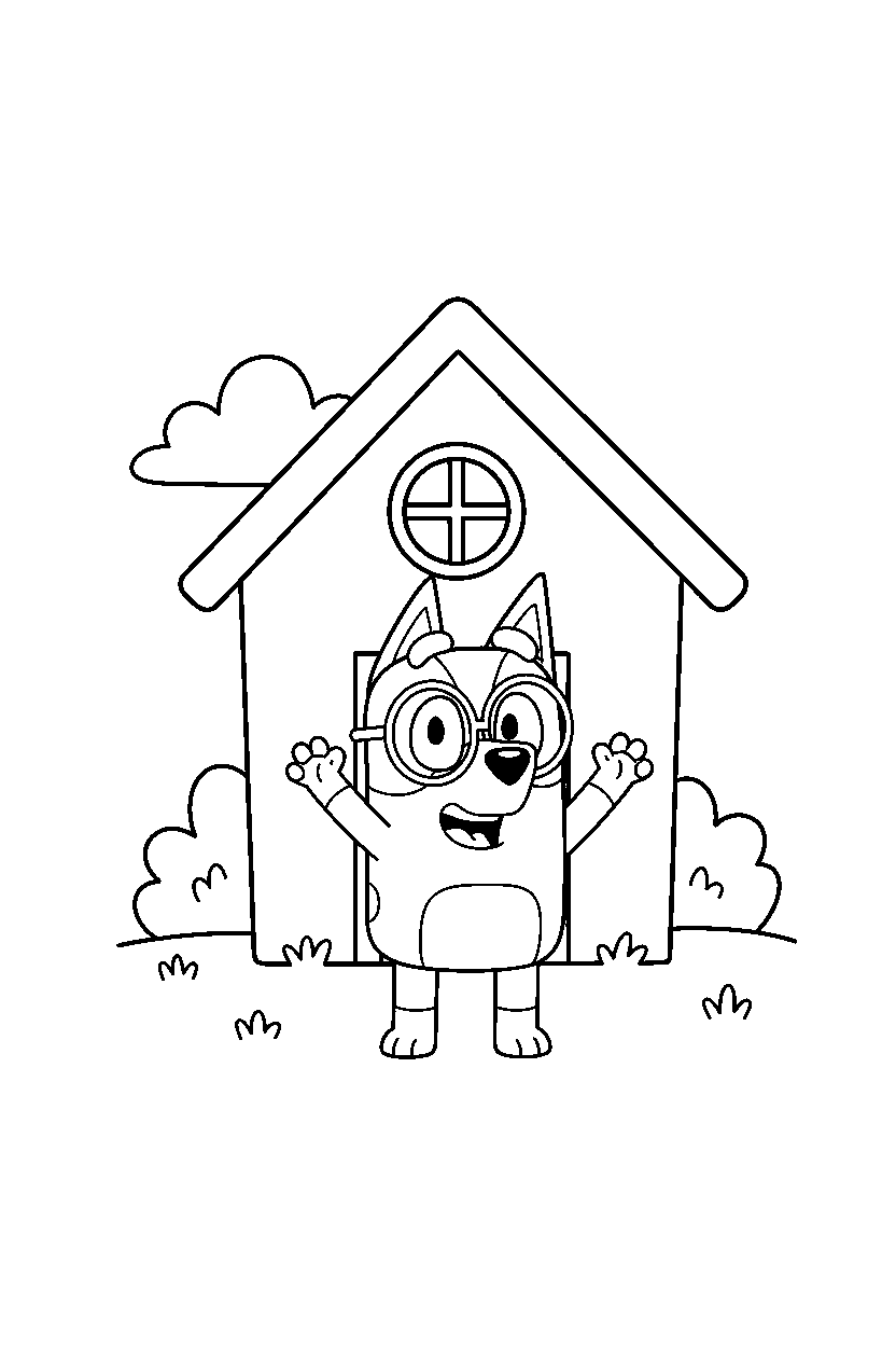 honey from bluey tv series looking excited in front of a simple house line art