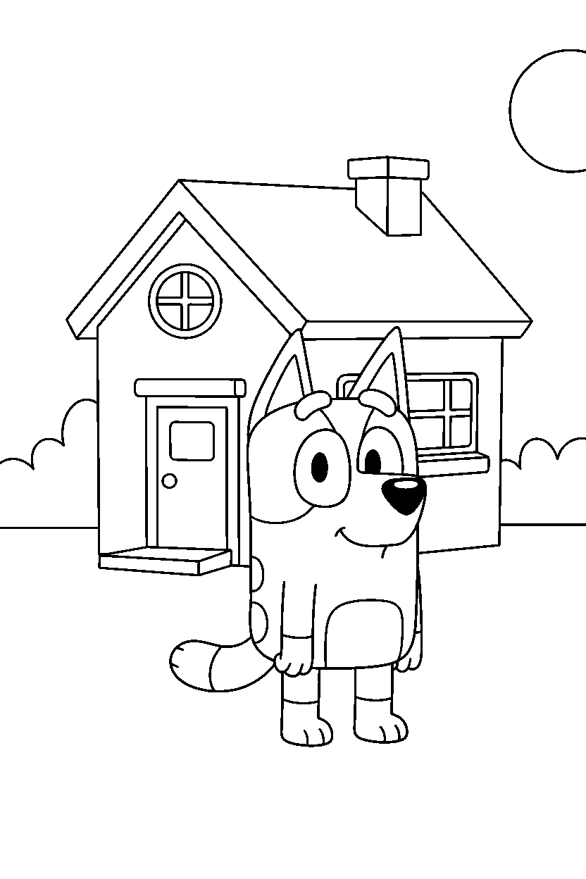 honey from bluey tv series looking happy in front of a simple house line art