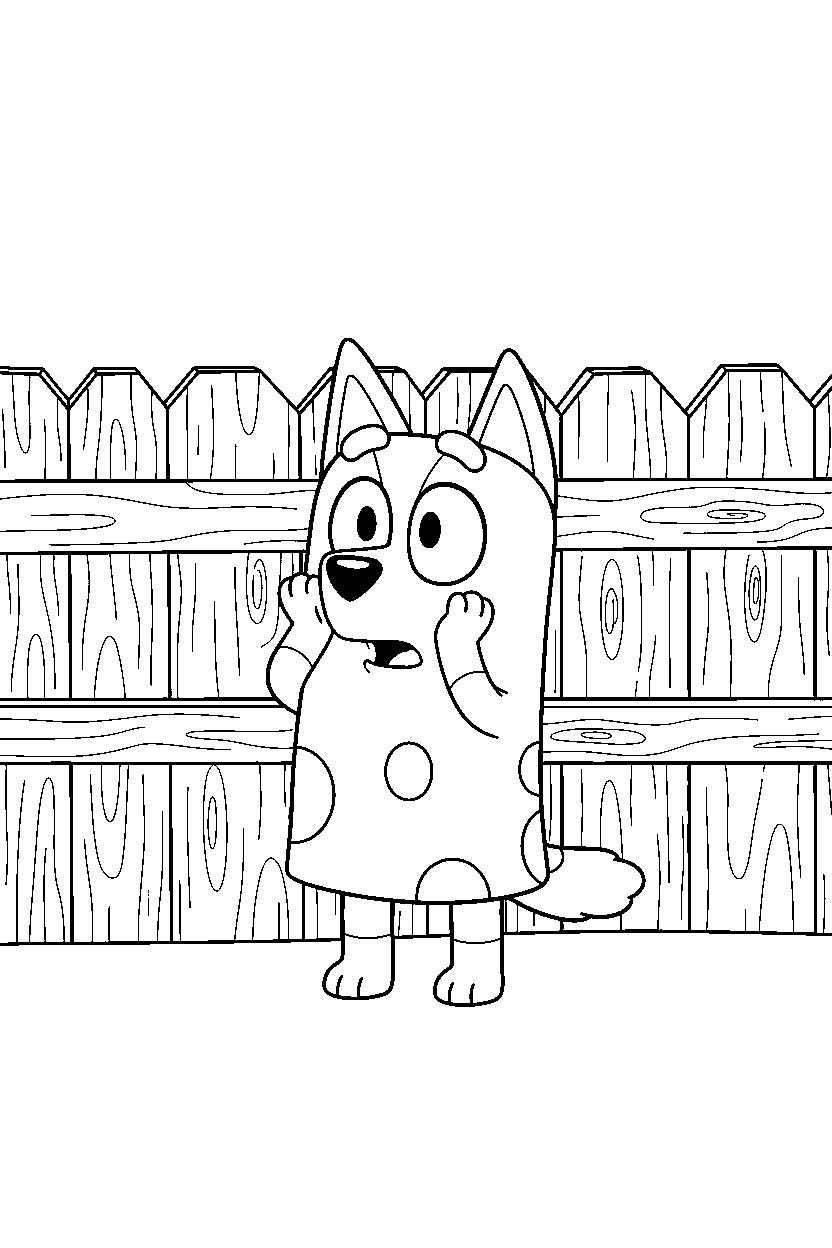 honey from bluey tv series looking surprised in front of a wooden fence line art