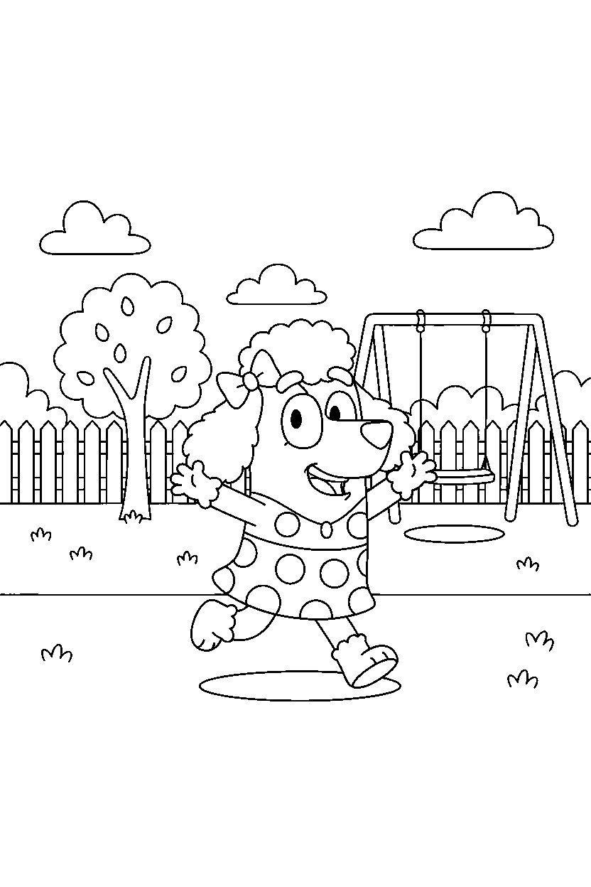 honey from bluey tv series playing happily in a simple backyard line art