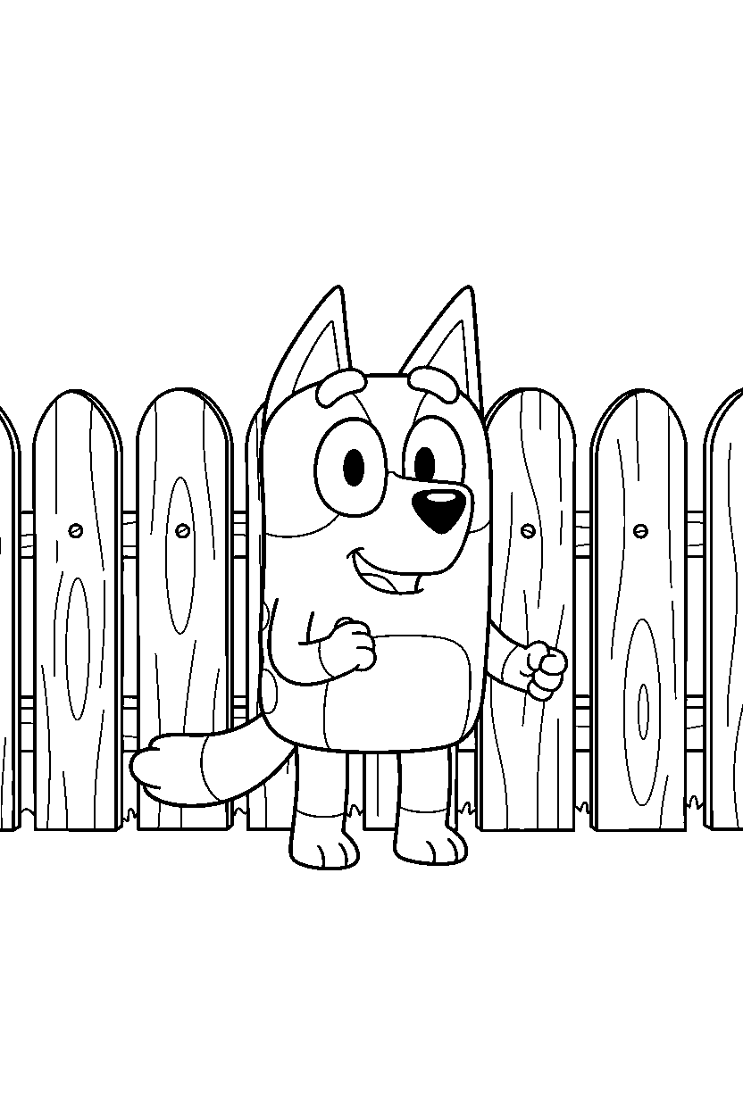 honey from bluey tv series posing happily in front of a wooden fence line art