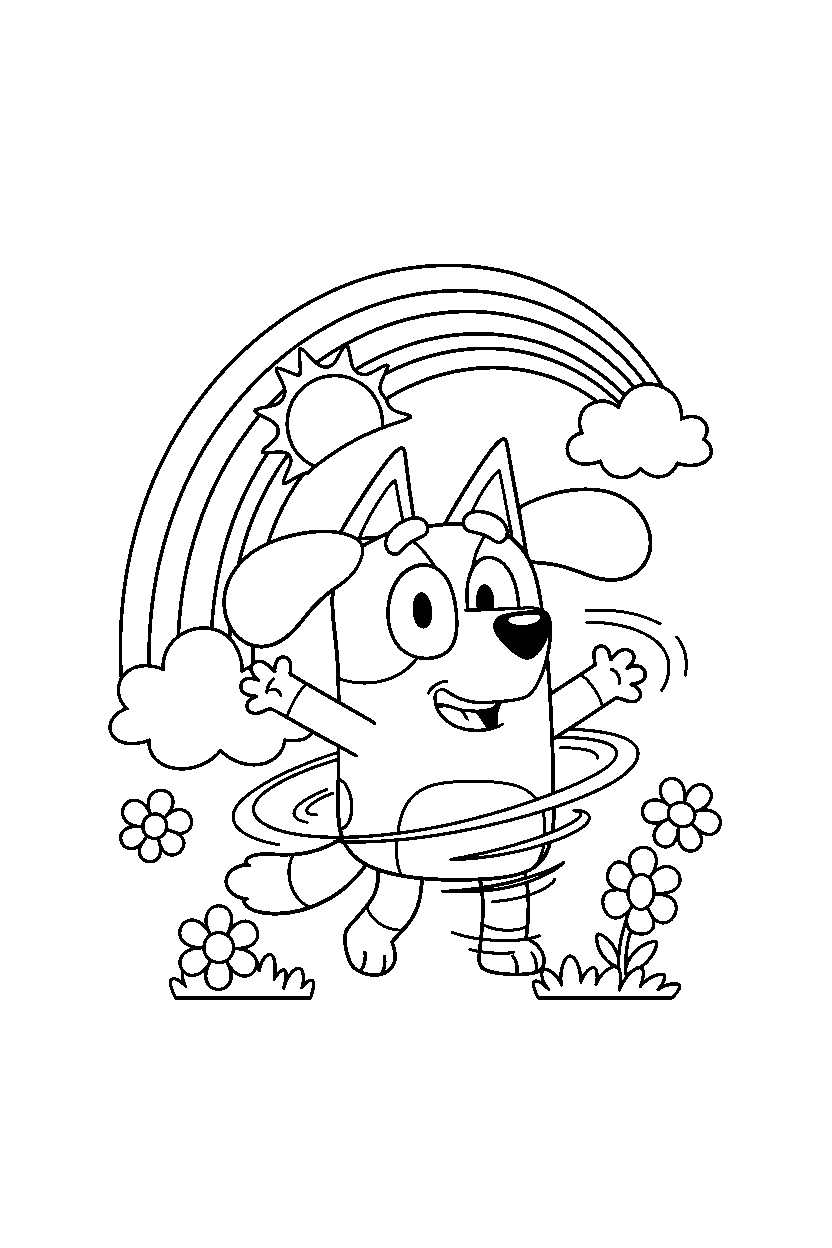 honey from bluey tv series spinning happily under a rainbow in the sky line art