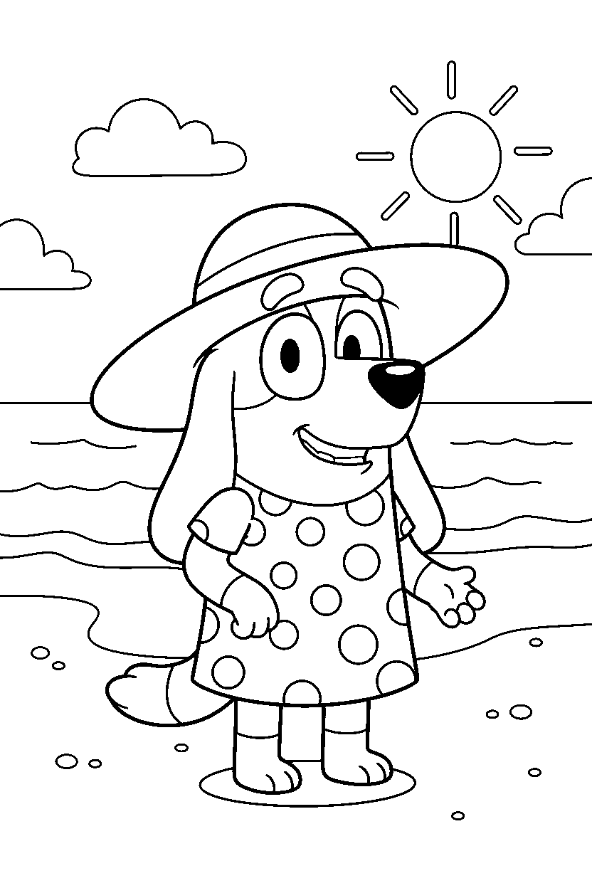 honey from bluey tv series standing and smiling on a beach with simple waves line art