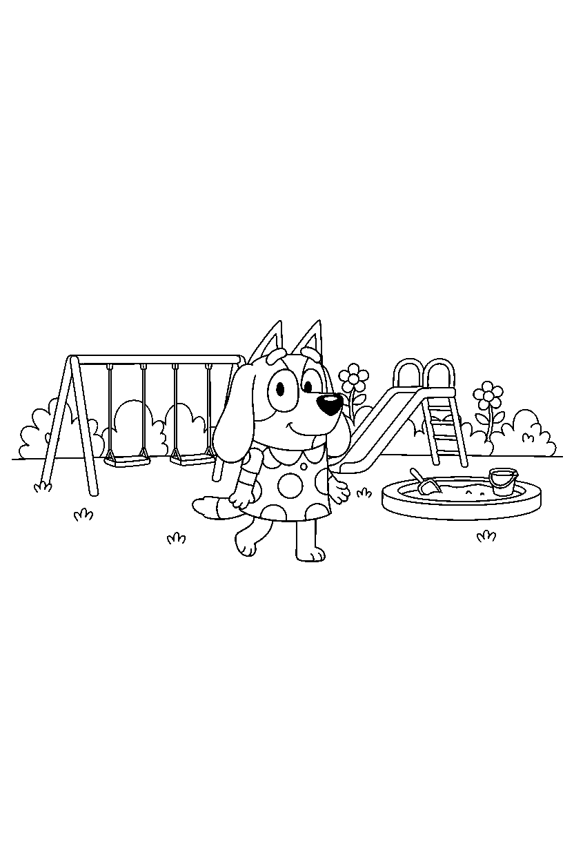 honey from bluey tv series walking happily at a simple playground line art