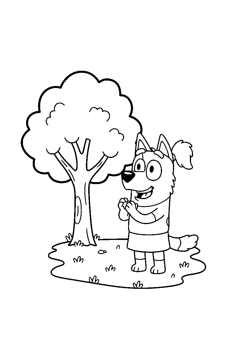 indy from bluey tv series clapping happily near a tree with open grass line art