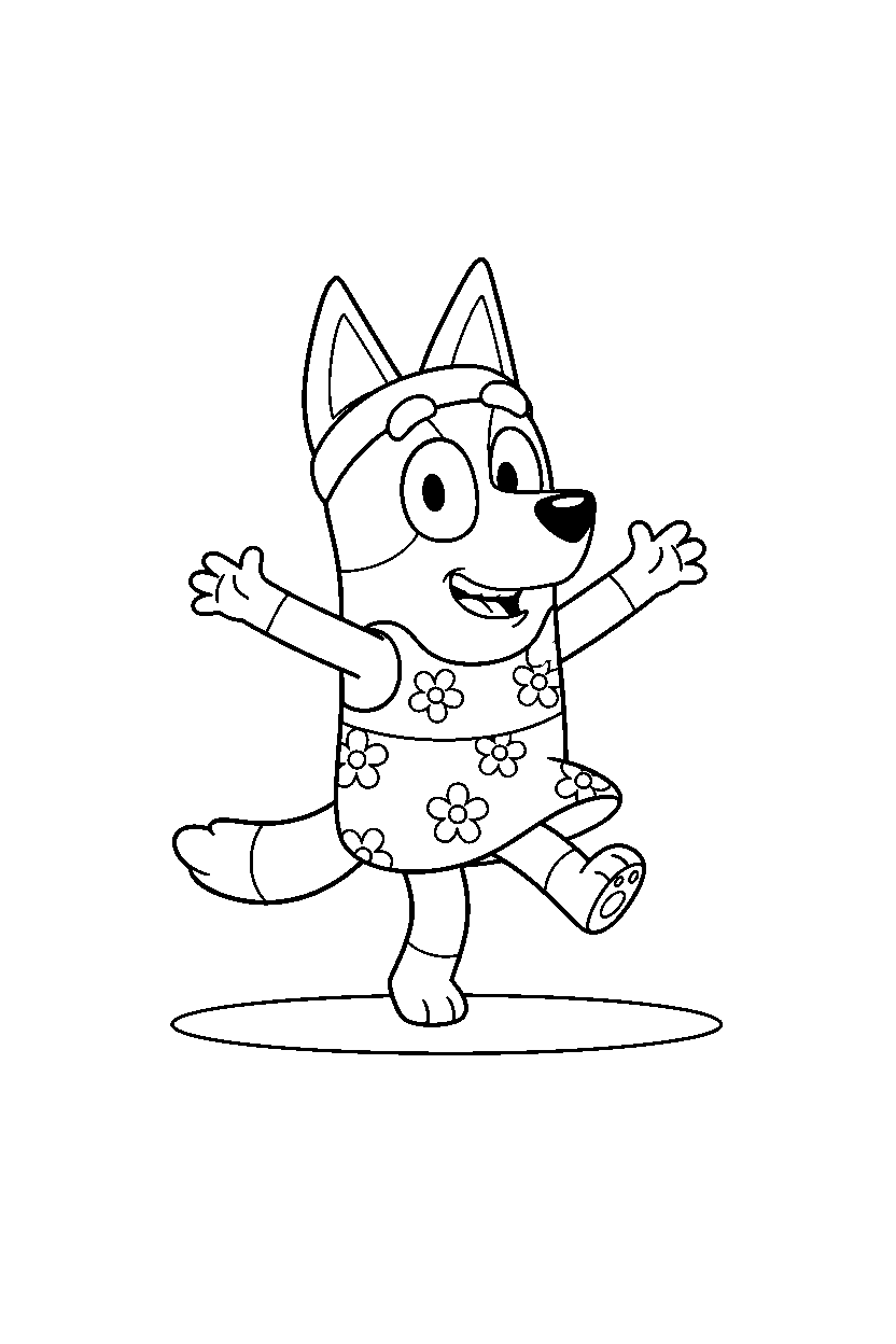indy from bluey tv series dancing happily on a blank background with a ground line line art