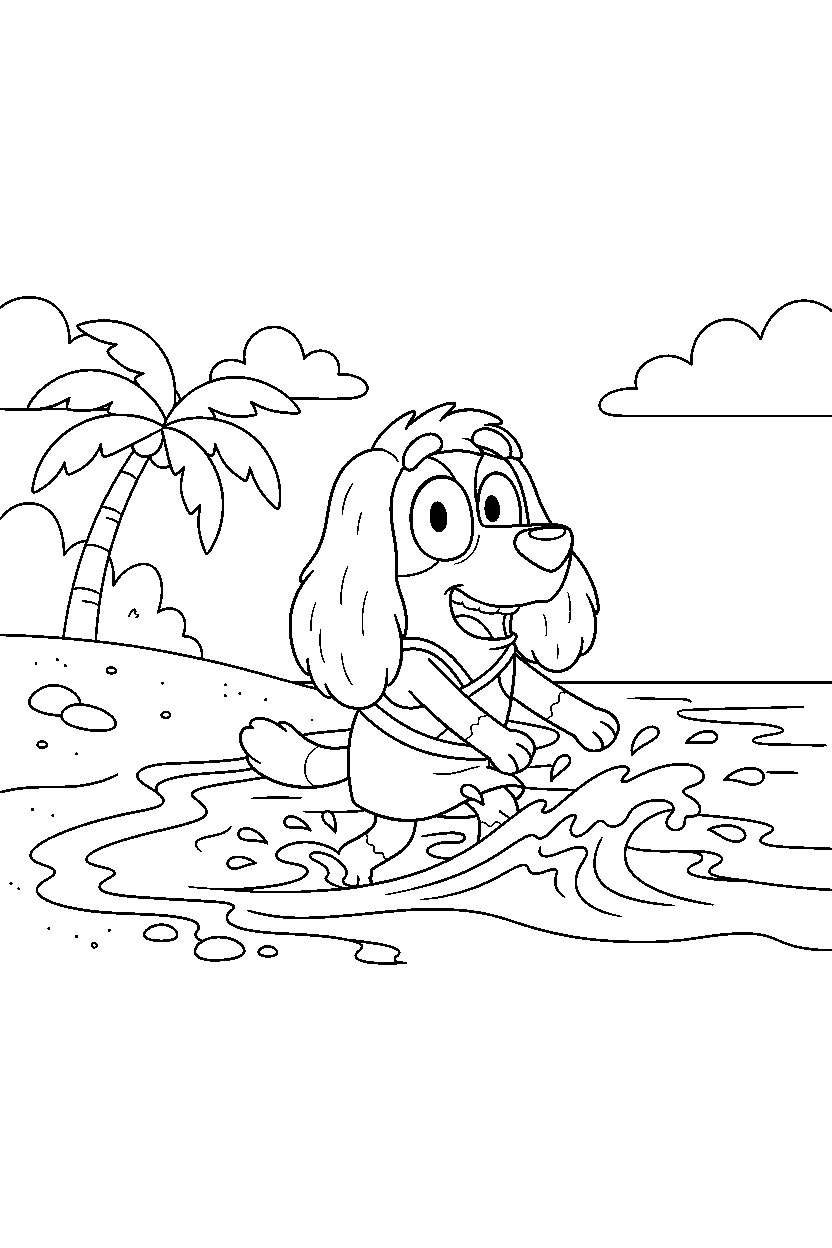indy from bluey tv series laughing happily on a beach with simple waves line art