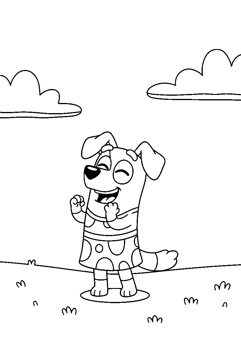 indy from bluey tv series laughing happily under a cloudy sky line art
