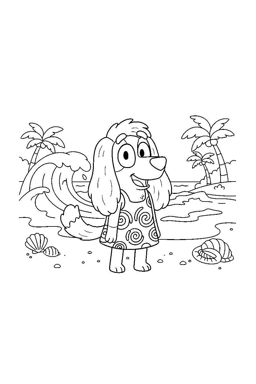 indy from bluey tv series looking excited on a beach with simple waves line art