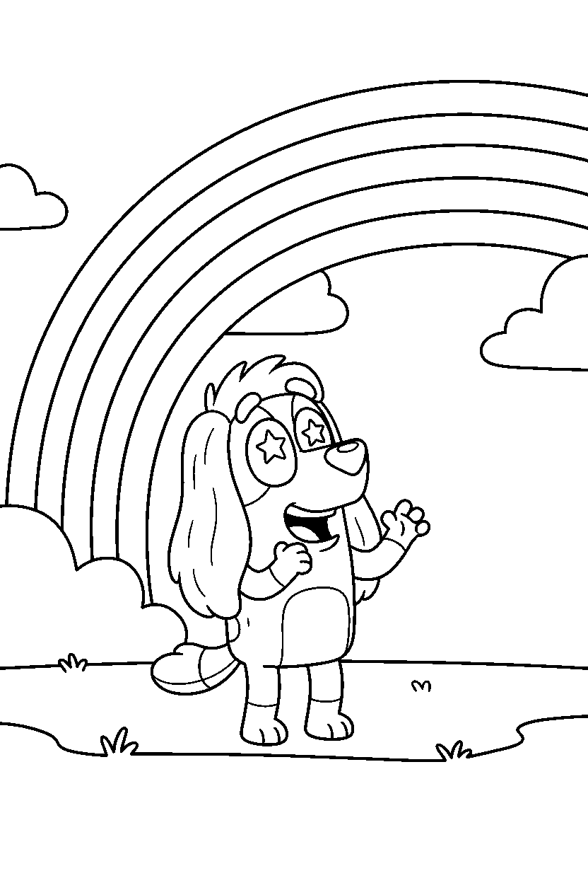 indy from bluey tv series looking excited under a rainbow in the sky line art