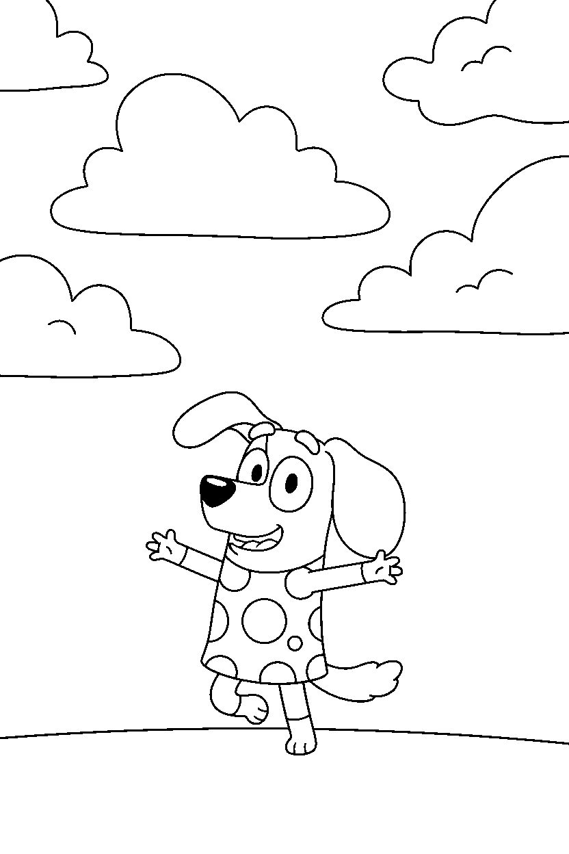 indy from bluey tv series posing happily under a cloudy sky line art
