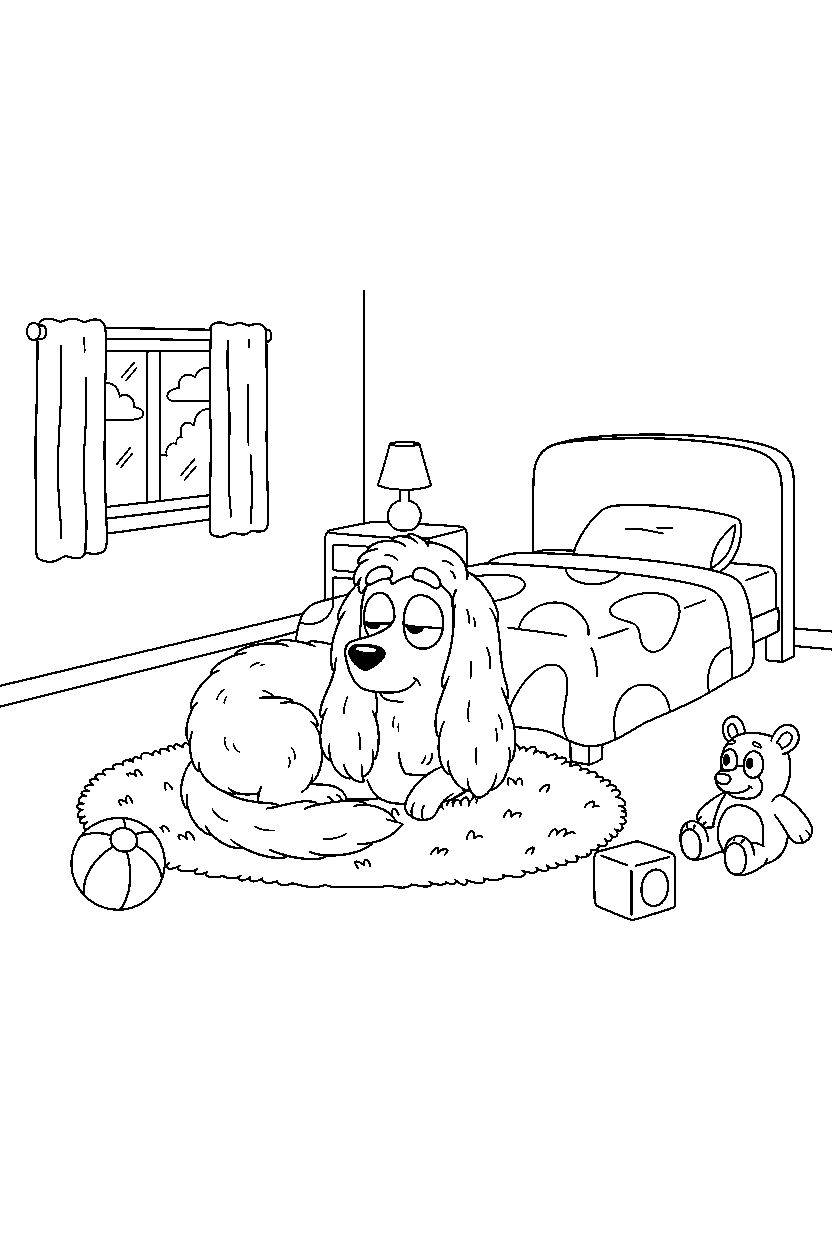 indy from bluey tv series resting peacefully in a simple bedroom line art