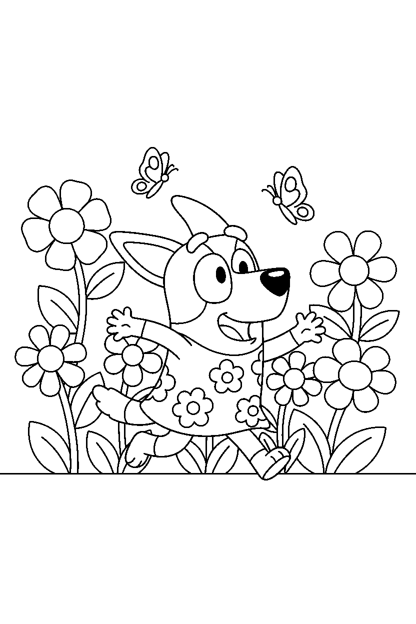 indy from bluey tv series running happily in a flower garden line art