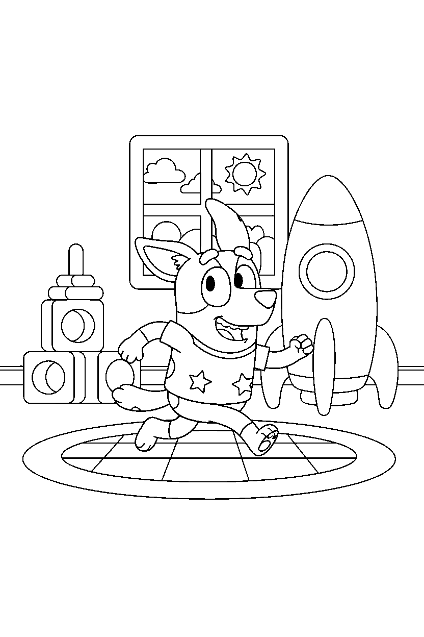 indy from bluey tv series running happily in a toy room line art