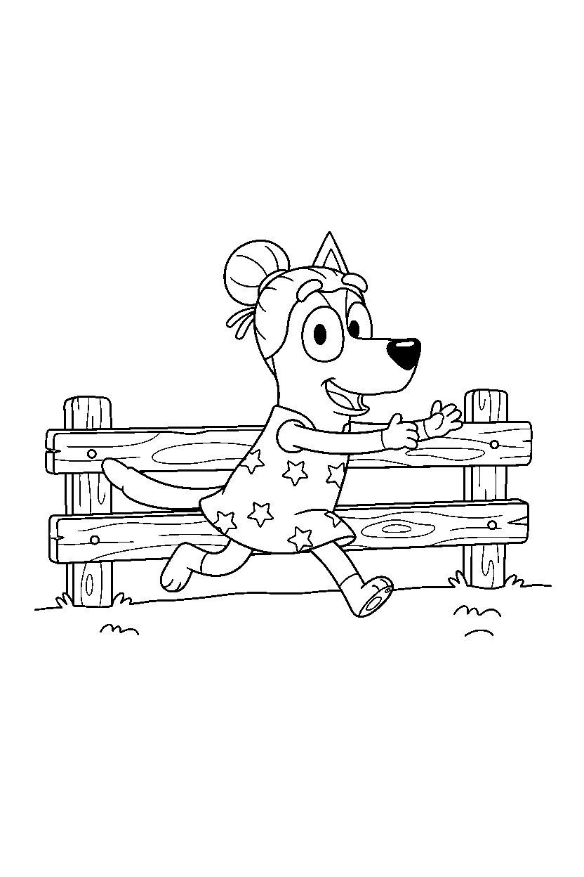 indy from bluey tv series running happily in front of a wooden fence line art