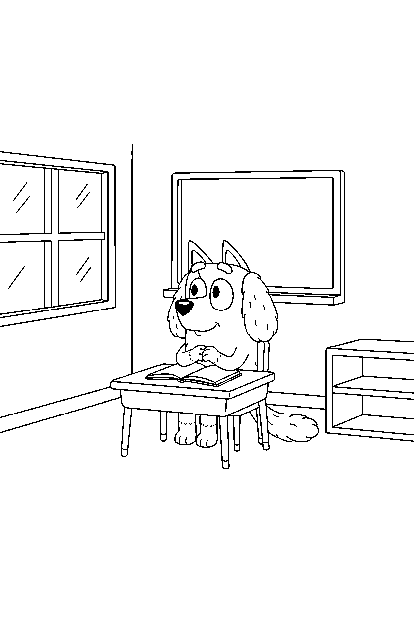 indy from bluey tv series sitting calmly in a simple classroom line art
