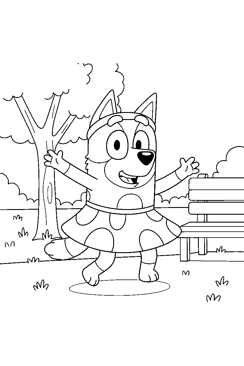 indy from bluey tv series spinning happily in a grassy park line art